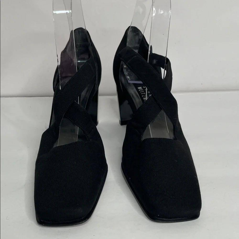 Stuart Weitzman Black Crisscross Square-Toe Block Heel Pumps - Picture 3 of 11